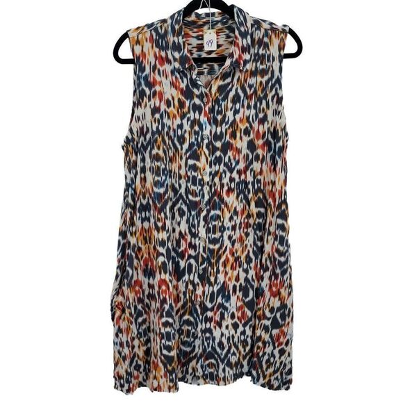 Womens Faded Glory Dress Button Down Shirt Pockets Multicolor Ikat  Sz L - Picture 1 of 6